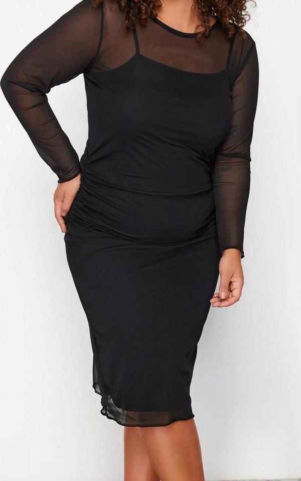 Moda Stil Fitted Bisiklet Yaka Midi Boy Büyük Beden Tül Örme Büyük Beden Elbise - Image 1