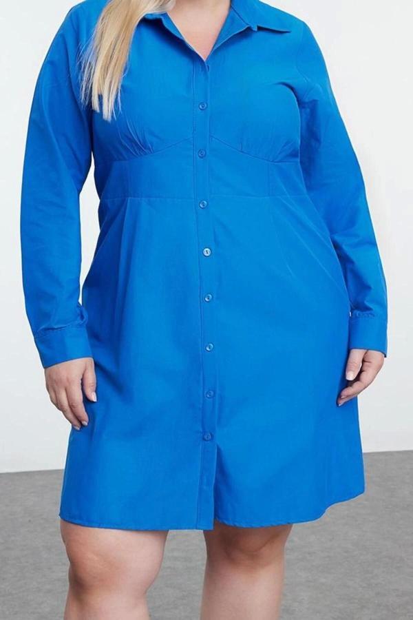 Moda Stil Fitted Bisiklet Yaka Mini Boy Büyük Beden İç Göstermeyen Dokuma Büyük Beden Gömlek Elbise - Image 1