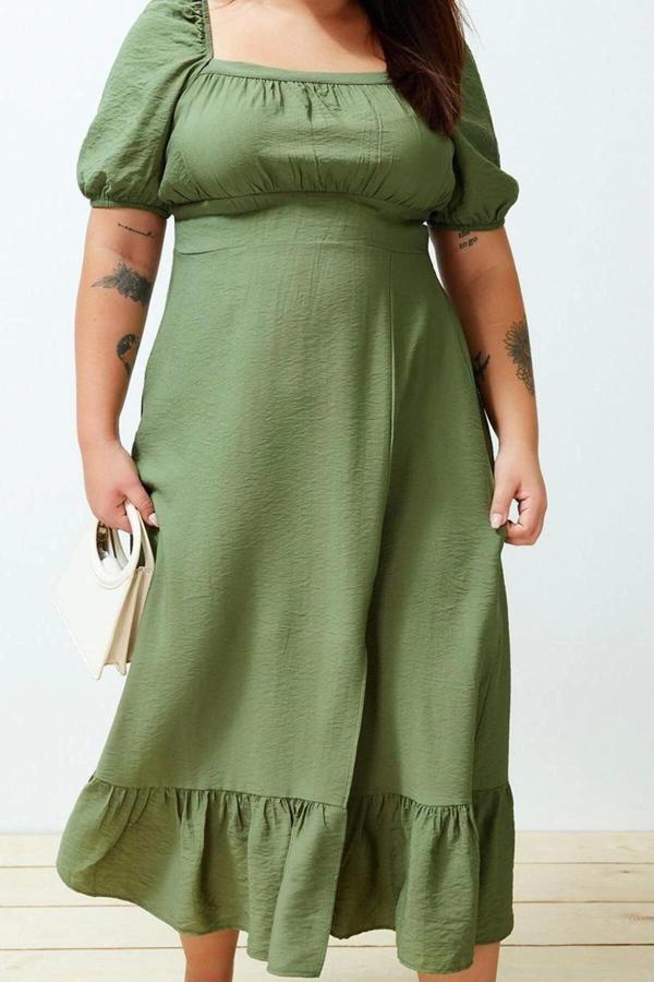 Moda Stil Relaxed Kare Yaka Maxi Boy Büyük Beden Eteği Fırfırlı Dokuma Elbise - Image 1