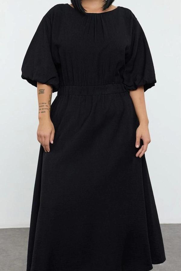 Moda Stil Relaxed Bisiklet Yaka Midi Boy Büyük Beden Dokulu Balon Kol Dokuma Büyük Beden Elbise - Image 1