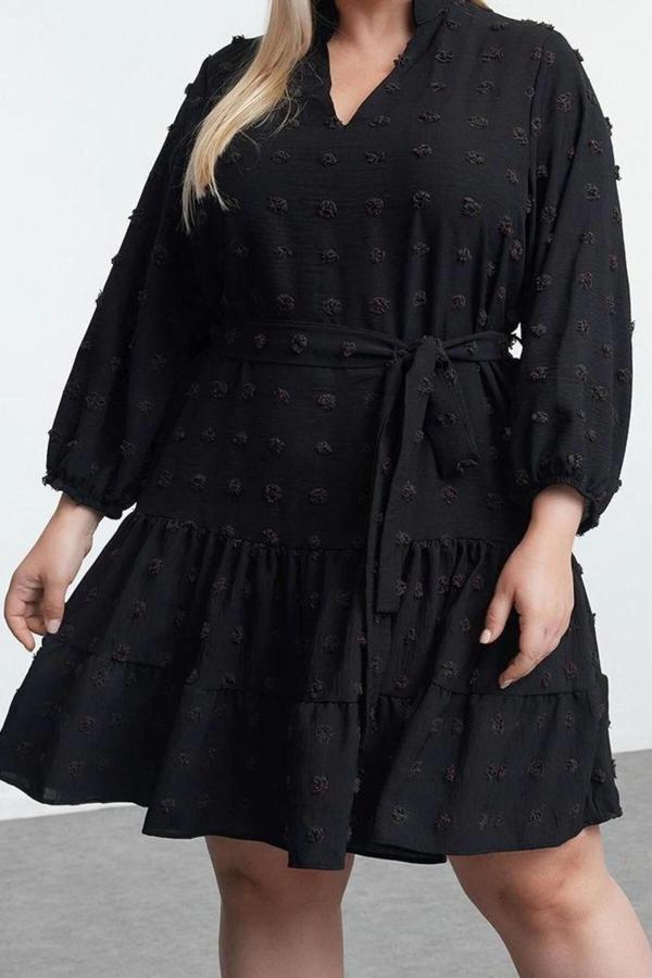 Moda Stil Fitted V Yaka Midi Boy Büyük Beden Balon Kol Kuşaklı Ponponlu Dokuma Büyük Beden Elbise - Image 1