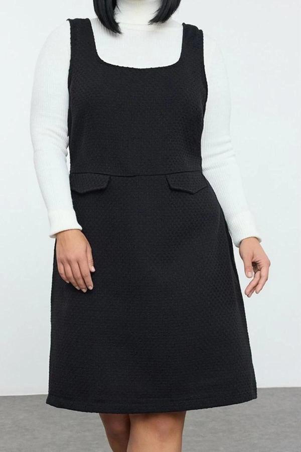 Moda Relaxed Bisiklet Yaka Mini Boy Büyük Beden Tüvit Dokulu Askılı Jile Cepli Dokuma Elbise - Image 1