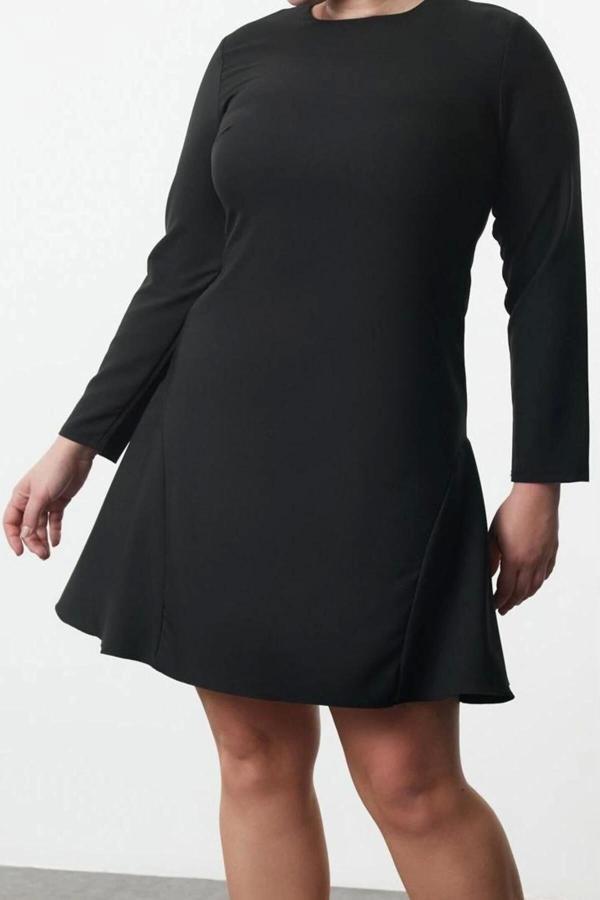 Moda Stil Fitted Bisiklet Yaka Mini Boy Büyük Beden Basic Gizli Fermuarlı Dokuma Büyük Beden Elbise - Image 1