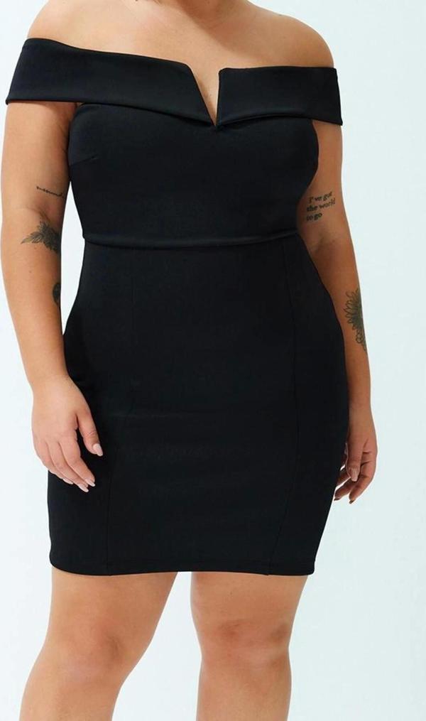 Moda Stil Fitted V Yaka Mini Boy Büyük Beden Çift Kat Yaka Detaylı Örme Elbise - Image 1