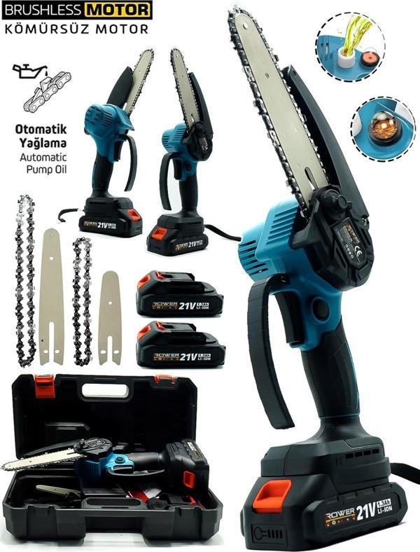 Rowermax Kömürsüz Motor Otomatik Yağlamalı Çift Pala-Zincir Dal Budama Akülü Ağaç Kesme Testere - Image 1