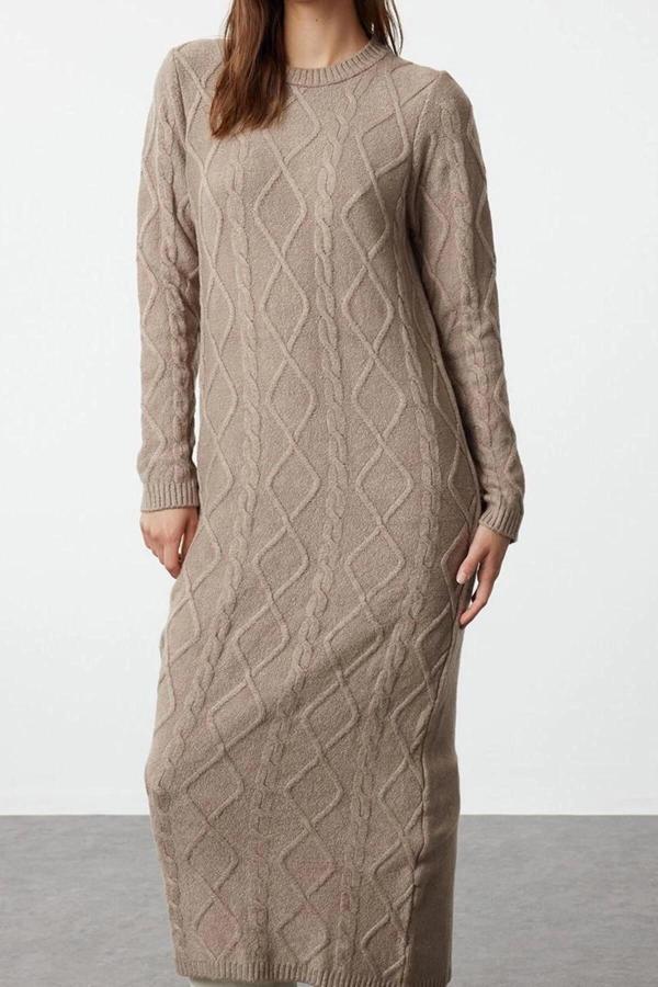 Moda Stil Regular Bisiklet Yaka Maxi Boy Tesettür Saç Örgü Desenli Yumuşak Dokulu Triko Elbise - Image 1