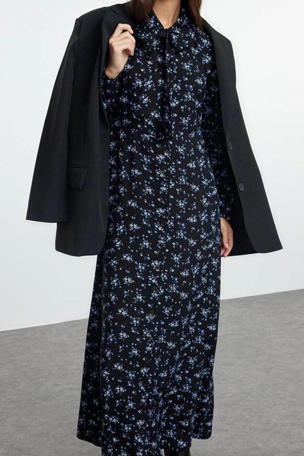 Moda Stil Regular Bebe Yaka Uzun Tesettür Çiçekli Dokuma Gömlek Elbise - Image 1