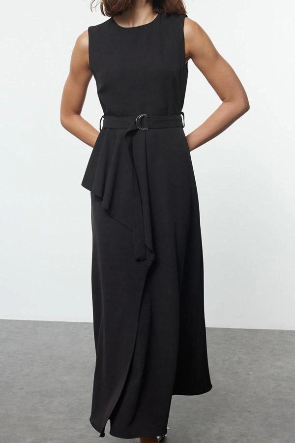 Moda Stil Fitted Bisiklet Yaka Uzun Tesettür Kemerli Önü Detaylı Kolsuz Dokuma Jile Elbise - Image 1