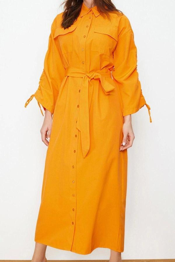 Moda Oversize Maxi Tesettür Kuşaklı Kolları Ayarlanabilir Detaylı Pamuklu Dokuma Gömlek Elbise - Image 1