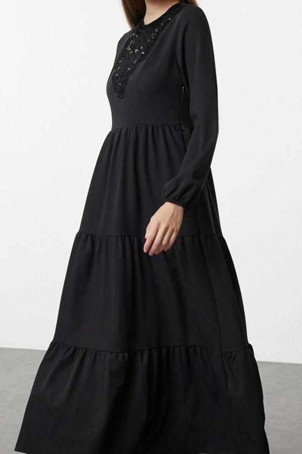 Moda Stil Regular Dik Yaka Maxi Boy Tesettür Taş Nakış Detaylı Dokuma Elbise - Image 1