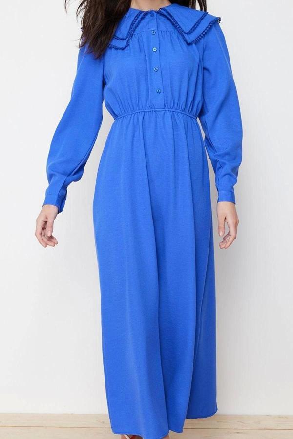 Moda Stil Regular Bebe Yaka Maxi Boy Tesettür lı Keten Görünümlü Dokuma Elbise - Image 1