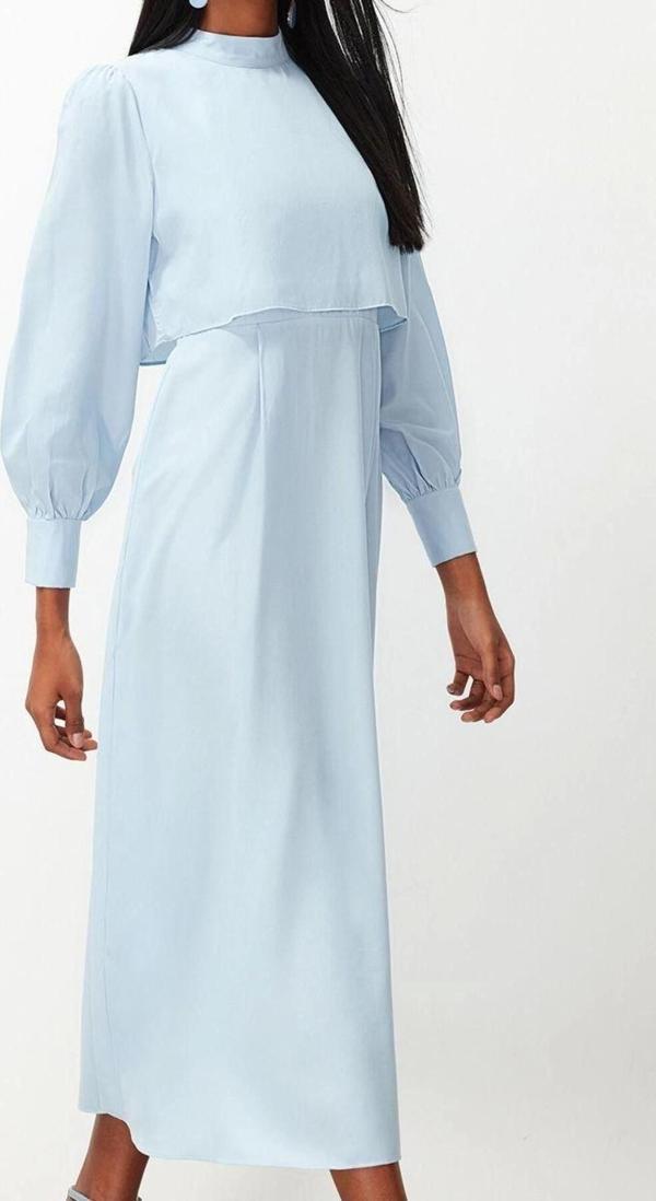 Moda Stil Regular Dik Yaka Maxi Boy Tesettür Aller Parça Detaylı Dokuma Elbise - Image 1