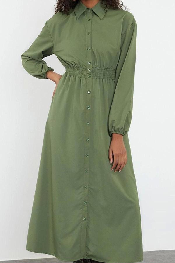 Moda Stil Regular Hakim Yaka Uzun Tesettür Beli Lastikli Dokuma Elbise - Image 1