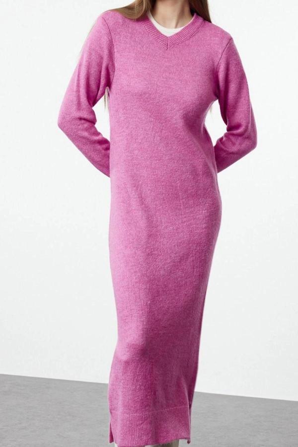 Moda Stil Oversize V Yaka Maxi Boy Tesettür Yumuşak Dokulu Triko Elbise - Image 1