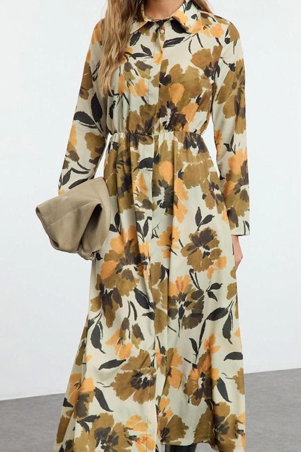 Moda Stil Regular Gömlek Yaka Maxi Boy Tesettür Çiçek Desenli Piliseli Dokuma Elbise - Image 1