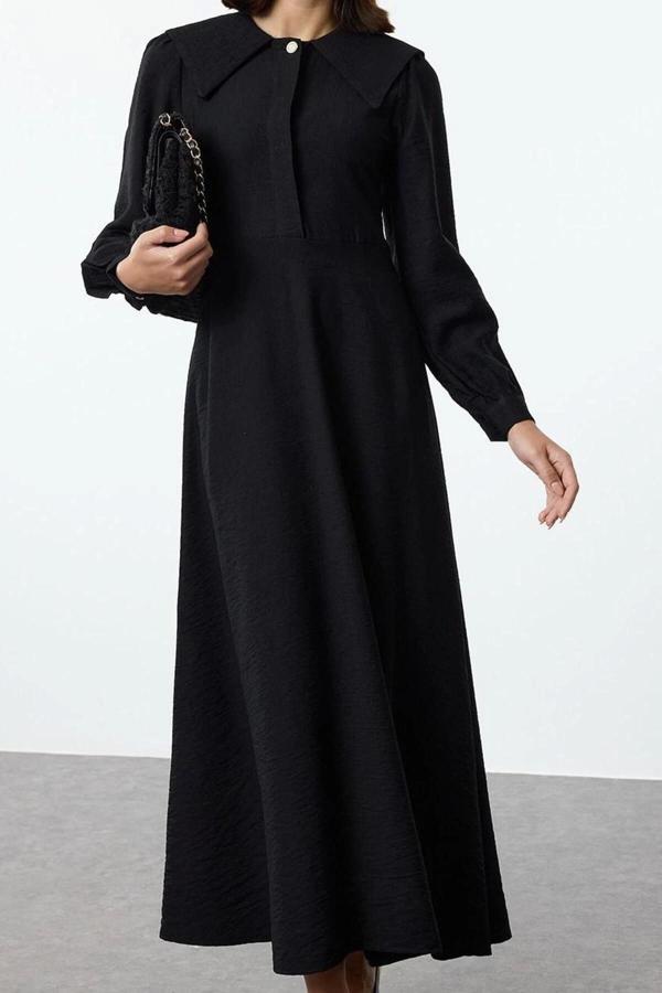 Moda Stil Regular Bebe Yaka Maxi Boy Tesettür lı Düğme Detaylı Dokuma Elbise - Image 1