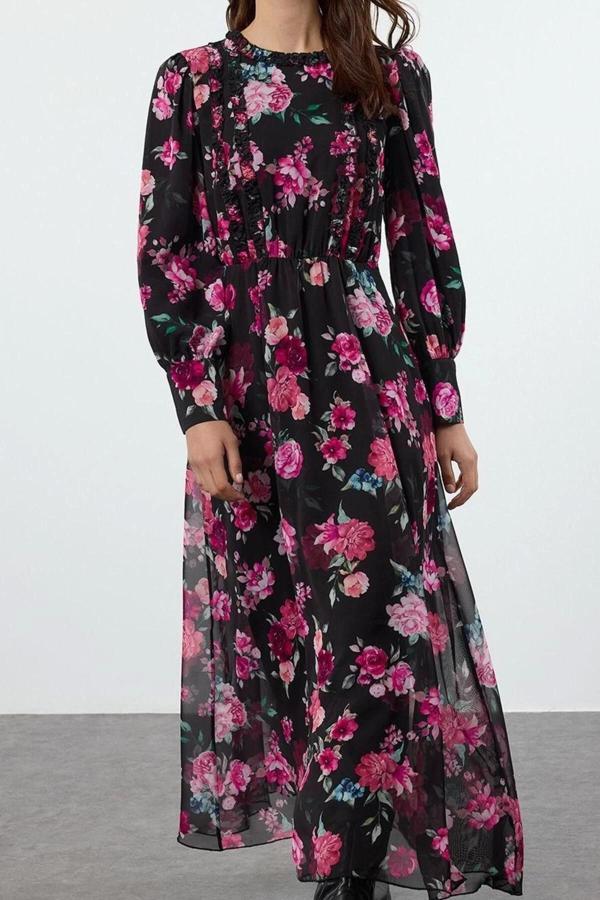 Moda Stil Regular Bisiklet Yaka Uzun Tesettür Çiçek Desenli Fırfırlı Dokuma Elbise - Image 1