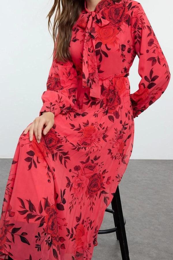 Moda Regular Boyundan Bağlamalı Maxi Boy Tesettür Çiçek Desenli Astarlı Piliseli Şifon Dokuma Elbise - Image 1