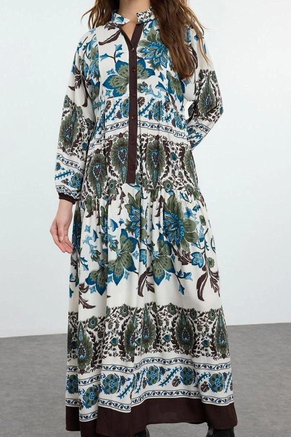 Moda Stil Relaxed Hakim Yaka Maxi Boy Tesettür Çiçekli Viskon Dokuma Elbise - Image 1