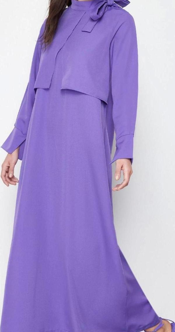 Moda Stil Regular Boyundan Bağlamalı Maxi Boy Tesettür Yakası Bağlama Detaylı Dokuma Elbise - Image 1