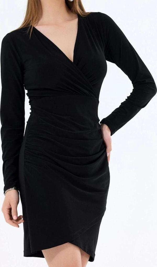 Moda Stil Regular Kruvaze Midi Boy Büzgü Drape Detaylı Uzun Kollu Esnek Örme Elbise - Image 1