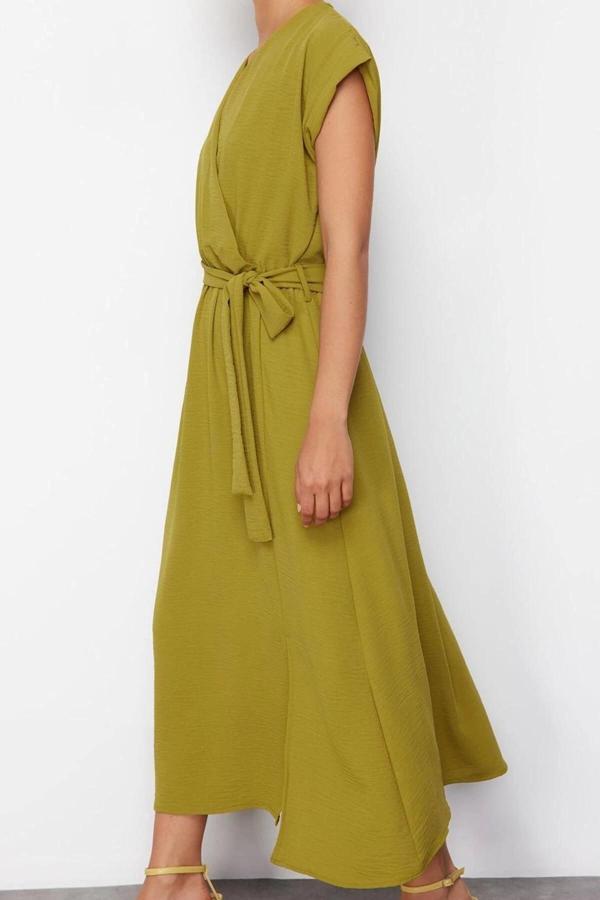Moda Stil Regular Bisiklet Yaka Maxi Boy Dokuma Elbise - Image 1