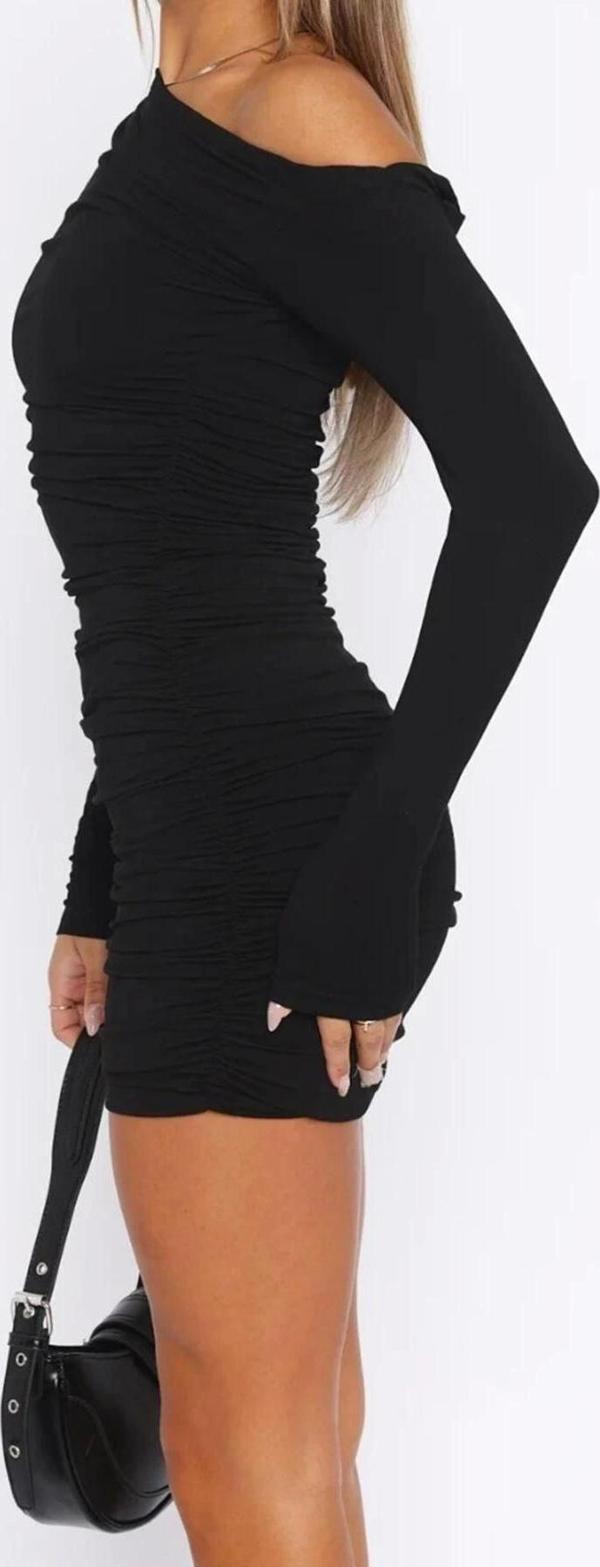 Moda Stil Fitted Asimetrik Yaka Mini Boy Vücuda Oturan Örme Kısa Elbise - Image 1