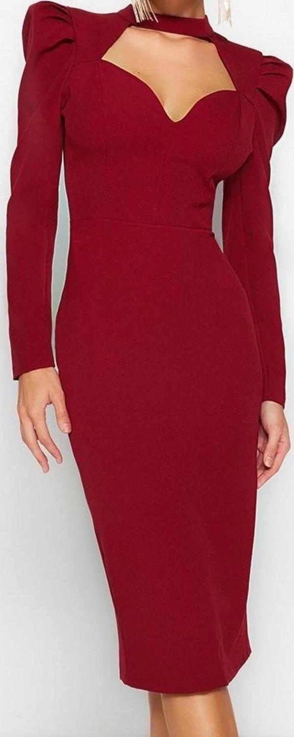 Moda Stil Fitted Dik Yaka Midi Boy Vücuda Oturan Dokuma Şık Abiye Elbise - Image 1