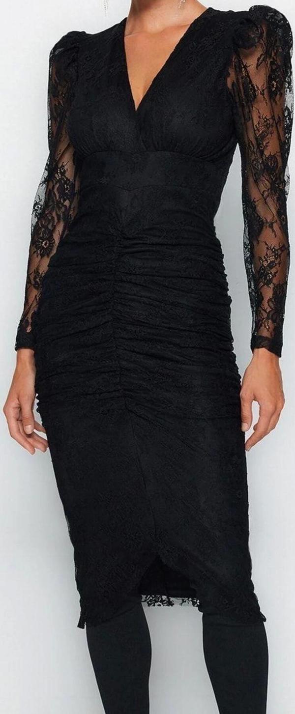 Moda Stil Fitted V Yaka Midi Boy Vücuda Oturan Astarlı Drapeli Dantel Şık Abiye Elbise - Image 1