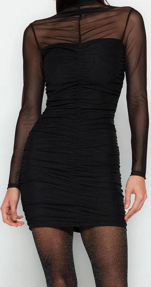 Moda Stil Fitted Dik Yaka Mini Boy Vücuda Oturan Astarlı Örme Tül Kısa Şık Abiye Elbise - Image 1