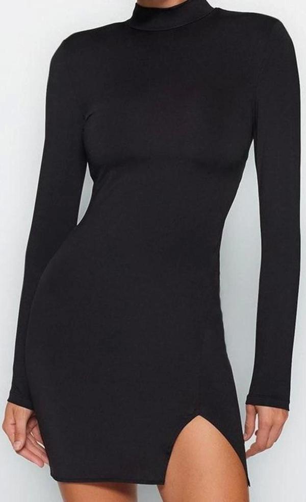 Moda Stil Fitted Dik Yaka Mini Boy Vücuda Oturan Örme Kısa Şık Abiye Elbise - Image 1