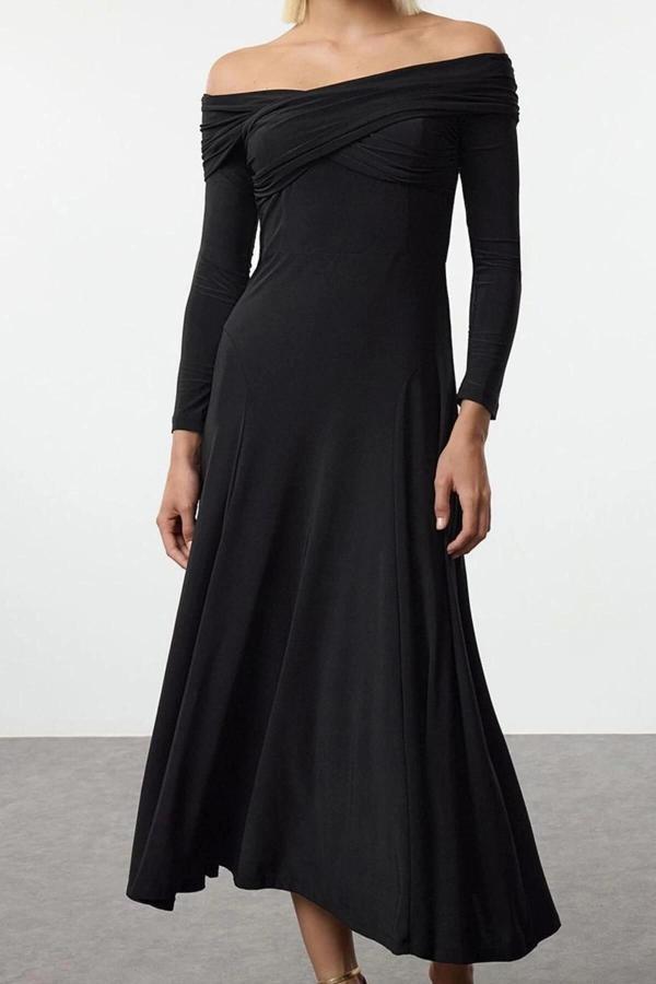 Moda Stil Fitted Asimetrik Yaka Midi Boy A-Kesim Örme Elbise - Image 1