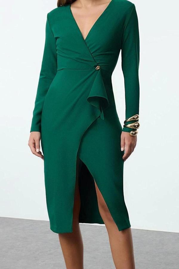Moda Stil Regular Kruvaze Midi Boy Aksesuar Detaylı Dokuma Elbise - Image 1