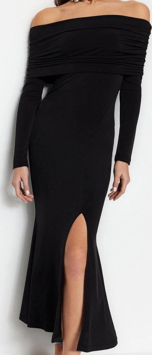 Moda Stil Fitted Carmen Yaka Midi Boy Şık Abiye Elbise - Image 1