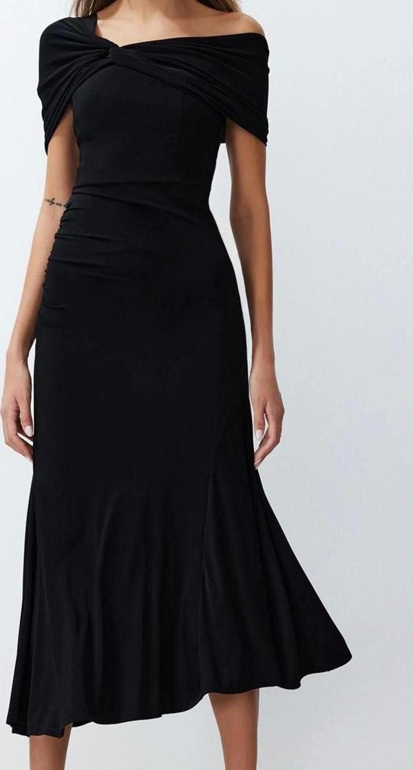 Moda Stil Fitted Asimetrik Yaka Midi Boy Örme Şık Abiye Elbise - Image 1