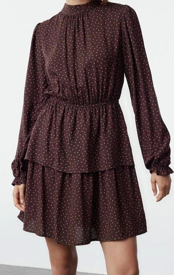 Moda Stil Regular Bisiklet Yaka Mini Boy Puantiyeli Belden Açılan Volanlı Dokuma Elbise - Image 1