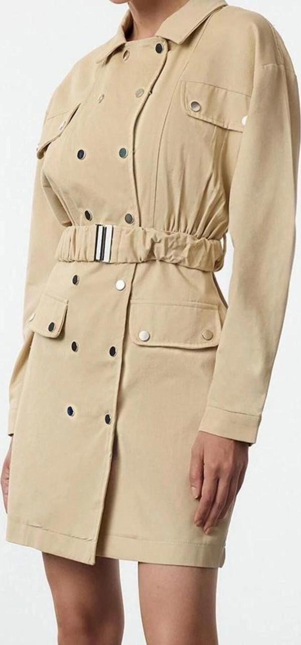 Moda Stil Regular Ceket Yaka Mini Boy Kemerli Dokuma Elbise - Image 1
