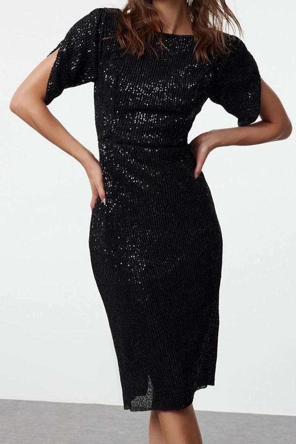Moda Stil Fitted Kayık Yaka Midi Boy Vücuda Oturan Parıltılı Örme Payet Şık Abiye Elbise - Image 1