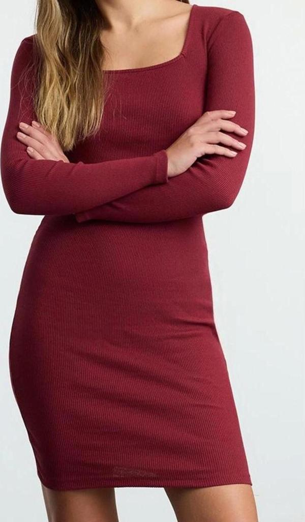 Moda Stil Slim Kare Yaka Mini Boy Büzgü Detaylı Vücuda Oturan Fitilli Esnek Örme Kalem Elbise - Image 1