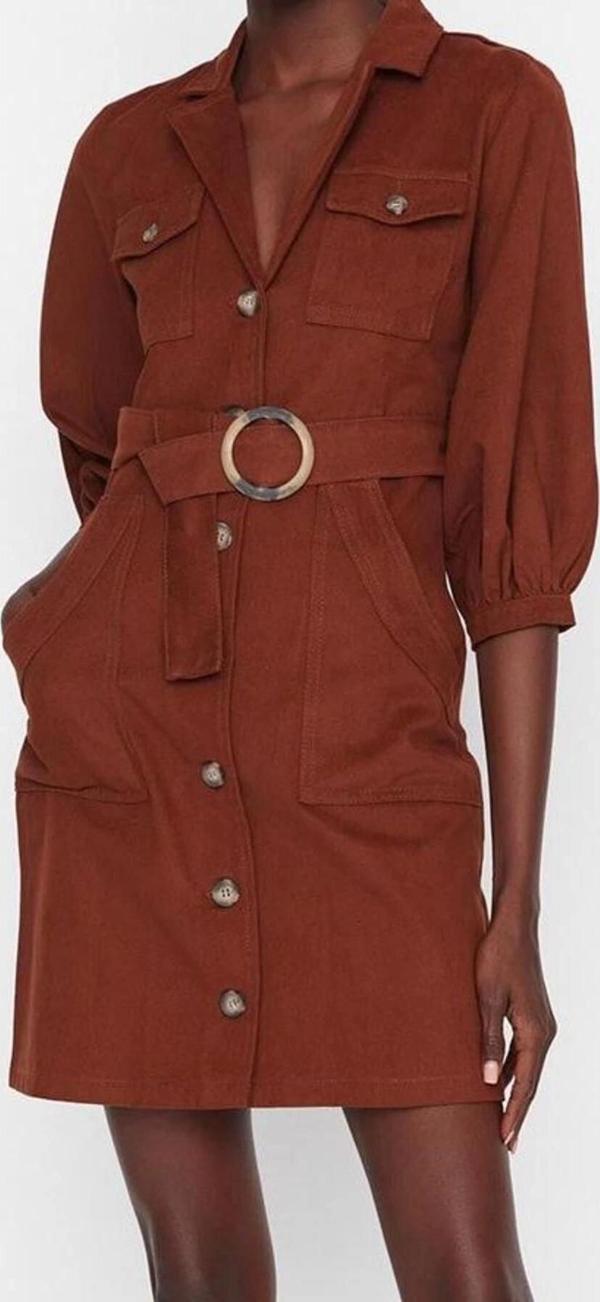 Moda Stil Regular Ceket Yaka Mini Boy Bağlama Detaylı Dokuma Elbise - Image 1