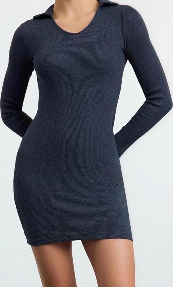 Moda Stil Slim Polo Yaka Mini Boy Vücuda Oturan Fitilli Esnek Örme Elbise - Image 1