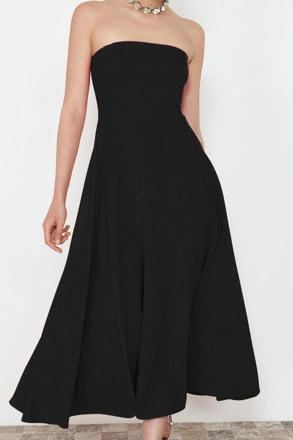 Moda Stil Fitted Straplez Midi Boy A-Kesim Dokuma Şık Abiye Elbise - Image 1