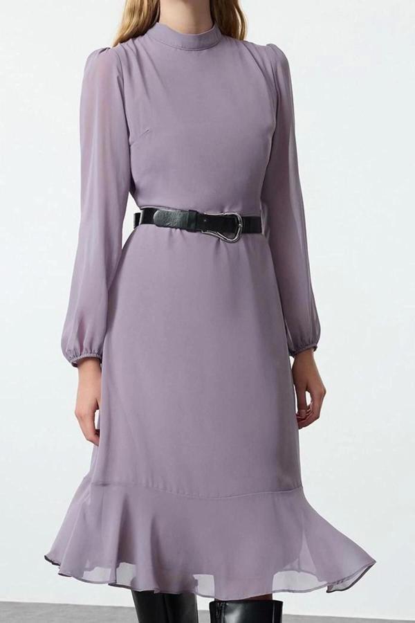 Moda Stil Regular Dik Yaka Midi Boy Düz Dokuma Kışlık Elbise - Image 1