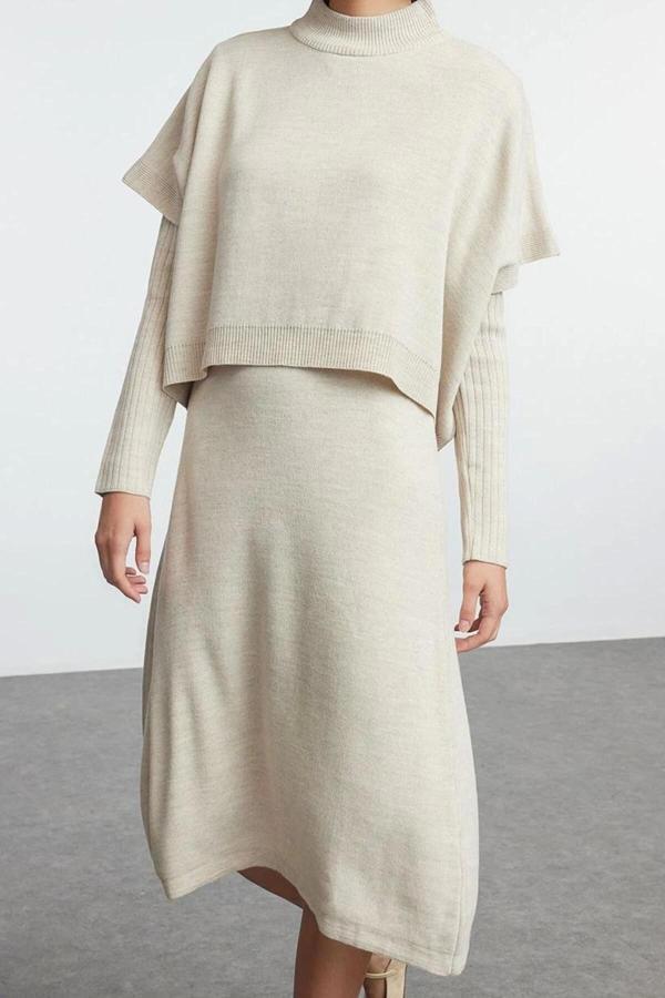 Moda Stil Oversize Dik Yaka Midi Boy Triko Süper Geniş Kalıp Süveterli Elbise - Image 1