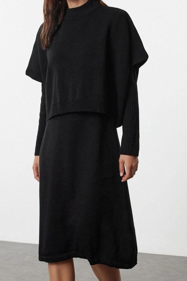 Moda Stil Oversize Dik Yaka Midi Boy Triko Süper Geniş Kalıp Süveterli Elbise - Image 1