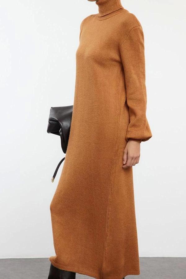 Moda Stil Regular Balıkçı Yaka Midi Boy Triko Yumuşak Dokulu Kazak Elbise - Image 1