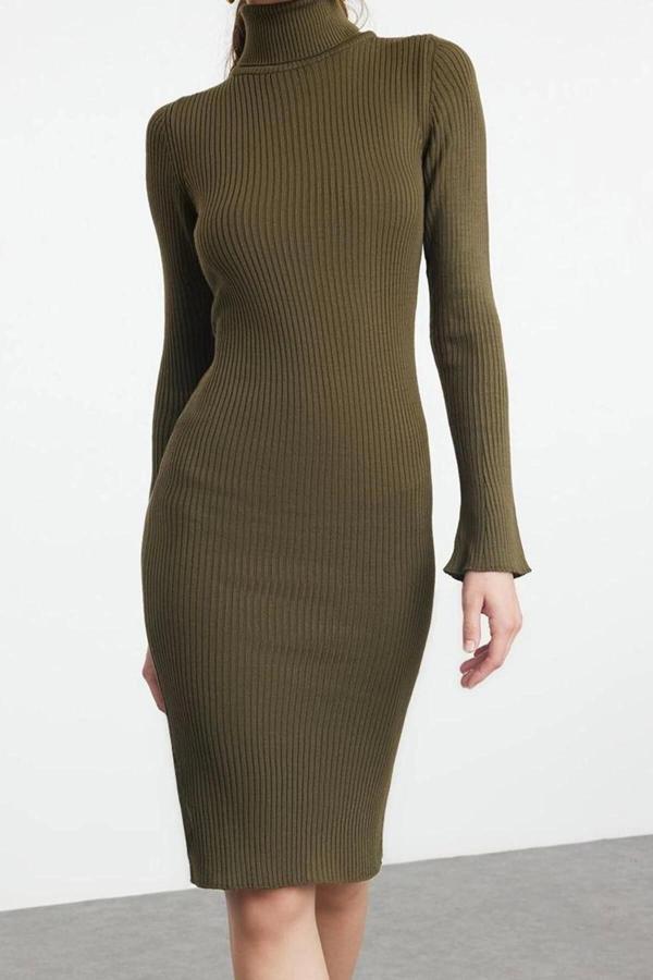 Moda Stil Slim Balıkçı Yaka Mini Boy Triko Kolları Volanlı Elbise - Image 1