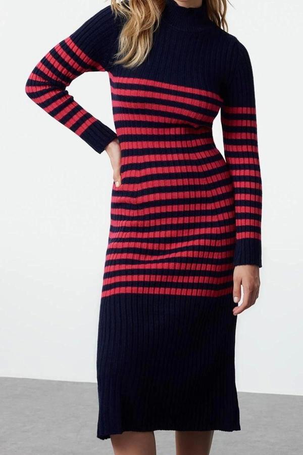 Moda Stil Slim Dik Yaka Maxi Boy Triko Çizgili Elbise - Image 1