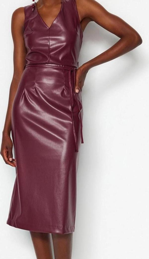 Moda Stil Regular V Yaka Midi Boy Deri Dokuma Elbise - Image 1