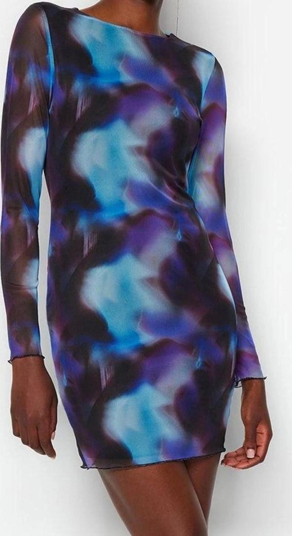 Moda Stil Slim Bisiklet Yaka Mini Boy Baskılı Tül Fitted Vücuda Oturan Esnek Örme Elbise - Image 1